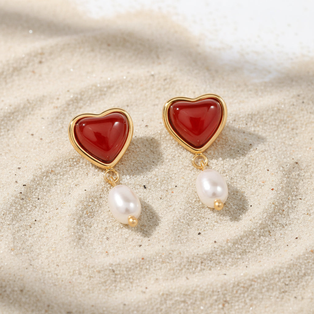 Heart Earrings with Pearl Pendant