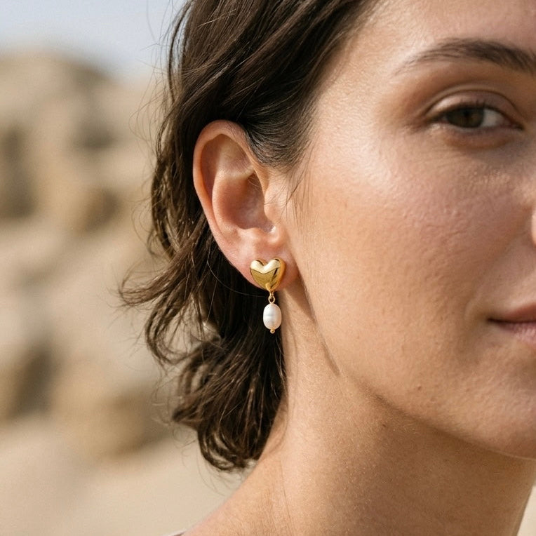 Heart Earrings with Pearl Pendant