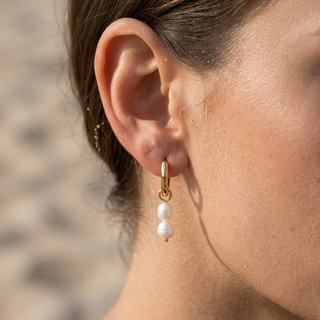 Double Freshwater Pearl Pendant, Gold Plated Stainless Steel Earrings