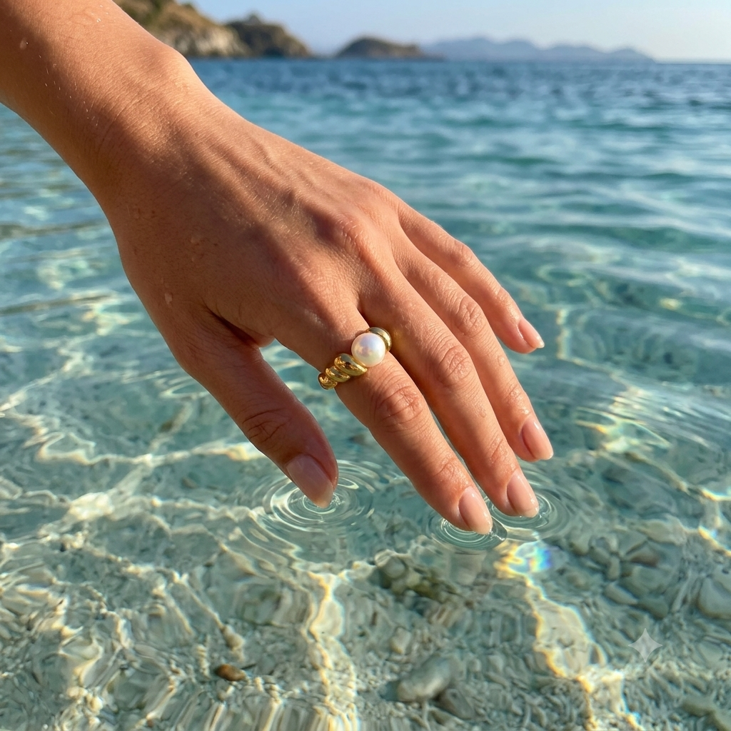Golden Baguette Ring with Pearl
